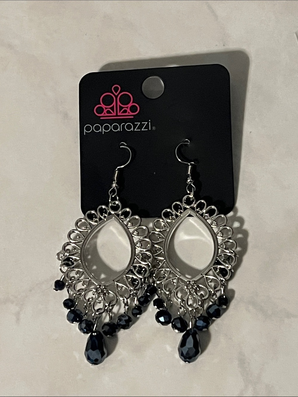 Paparazzi Silver Teardrop Chandelier Earrings with Navy Beads